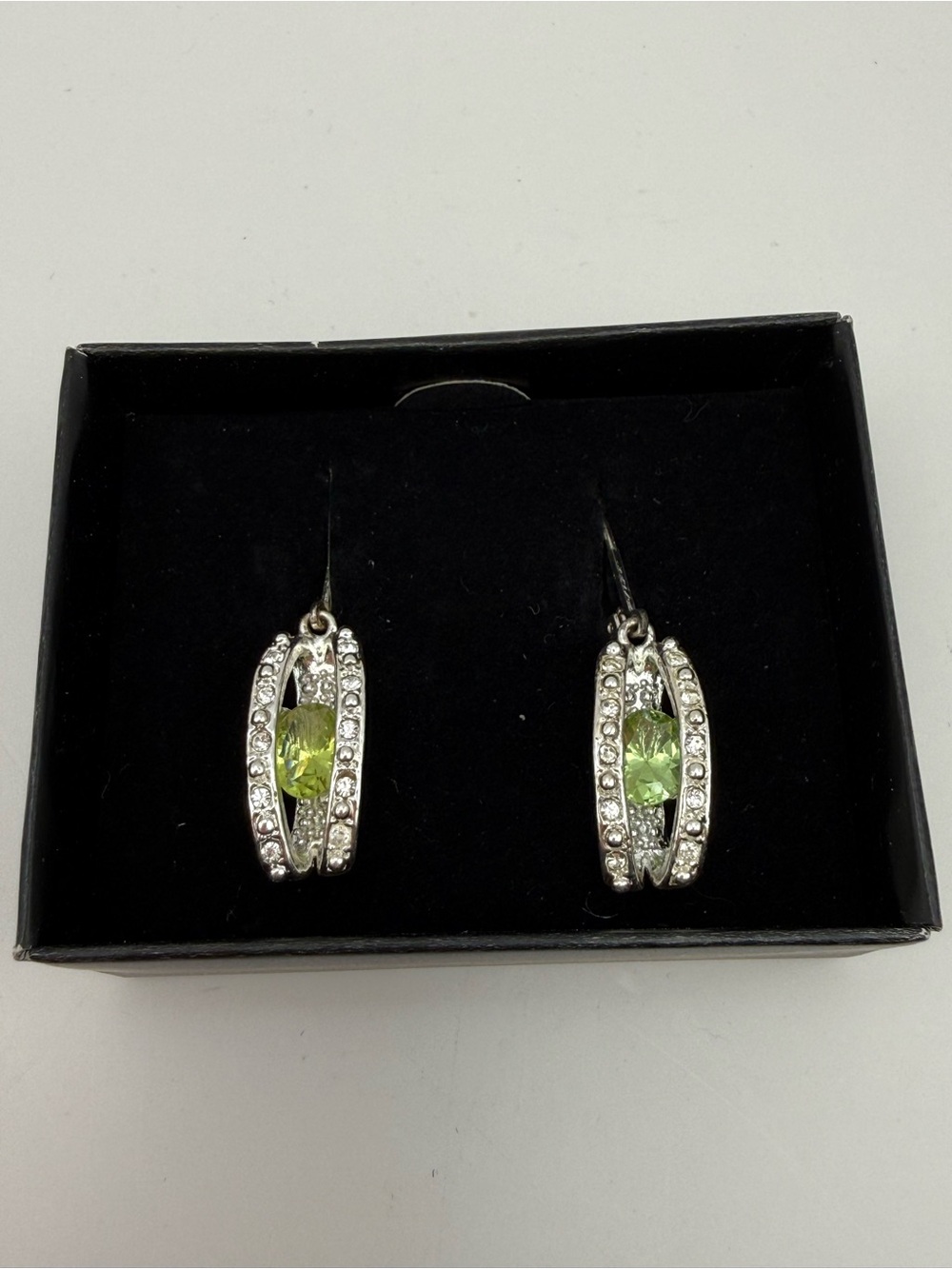 Avon Silver-Tone Peridot Green Crystal Halo Drop Earrings